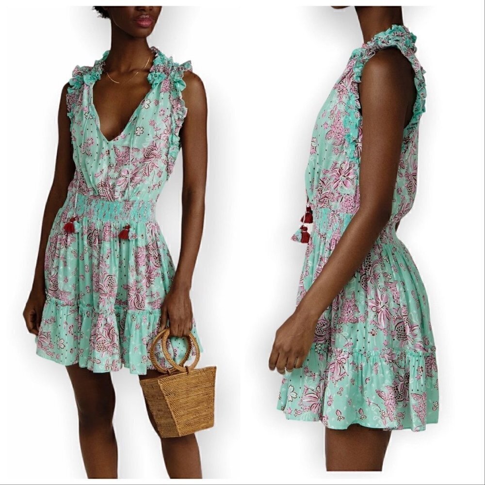 NWT  Poupette St Barth Triny Floral Mini dress, Size XS, Aqua Grenade